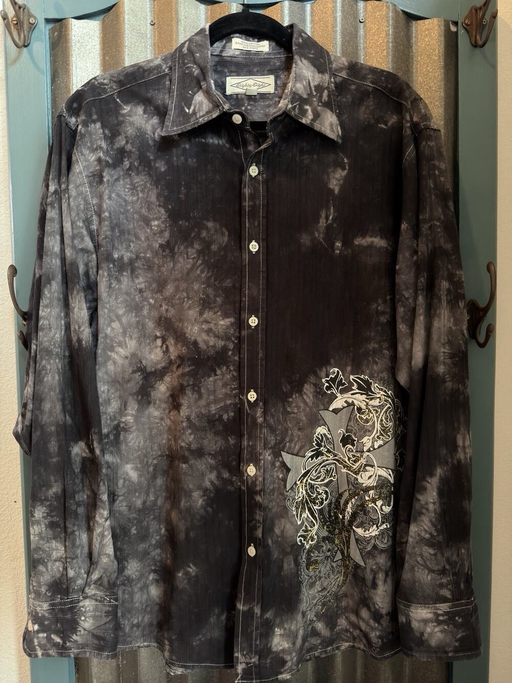 Eighty Eight Affliction Style Smokey Gray LS Button Down Shirt Size L Goth Y2K